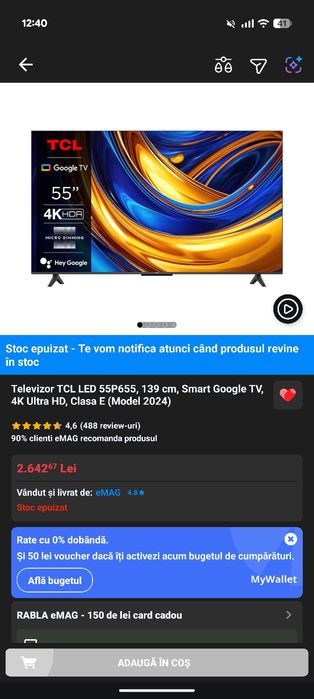 Google TV TCL 55P655 – 139 cm (55”), 4K, factura și garantie