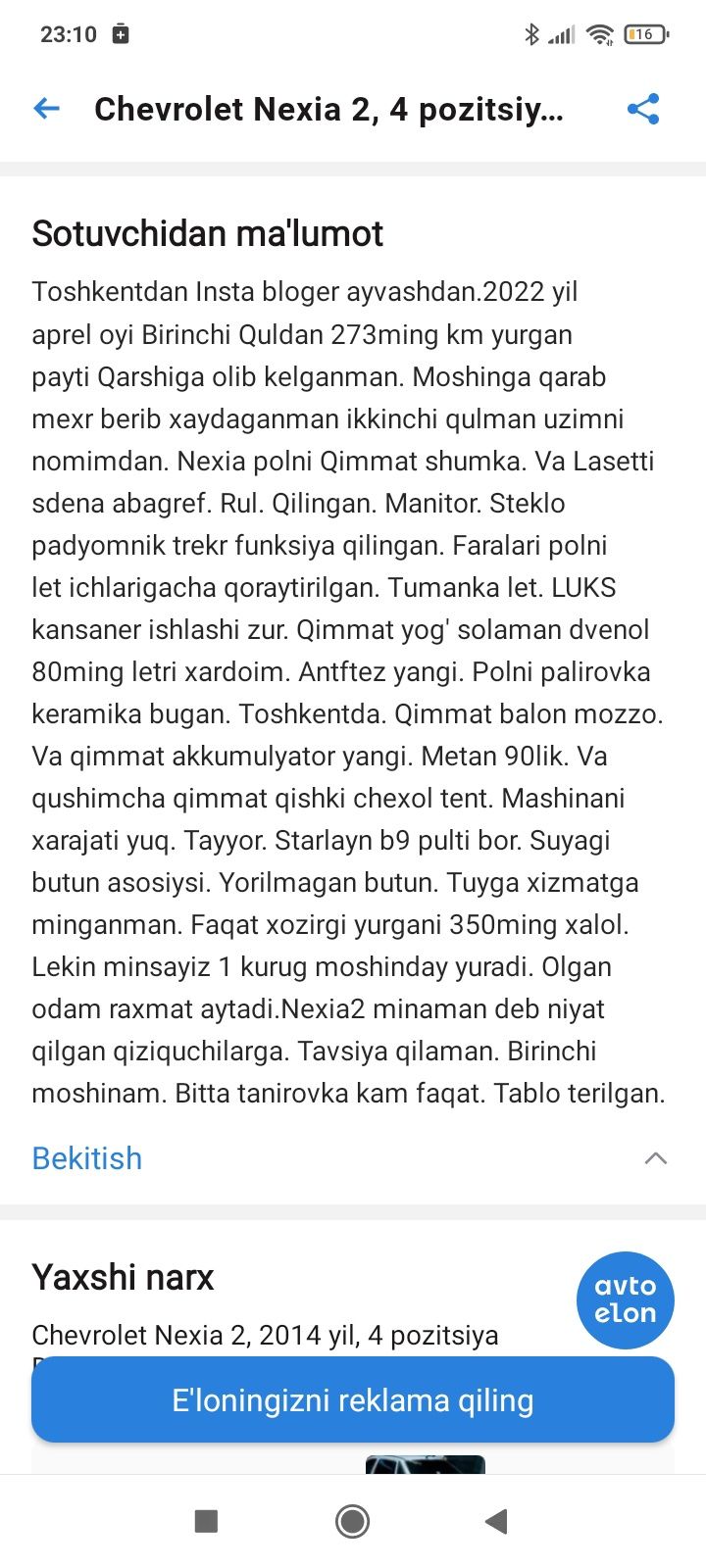 Nexia 2 sotiladi.