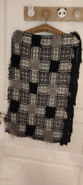 Fustă maxi din tweed patchwork, groasa, handmade, gri-negru cu detalii