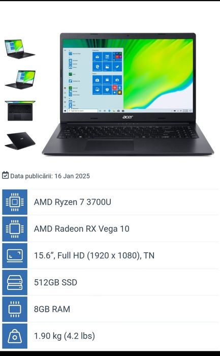 Laptop Acer Aspire 3 amd ryzen 7 ( nu intel i7 ! ) utilizat