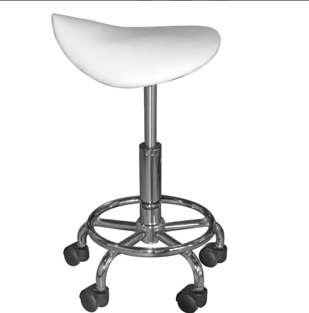Козметичен стол тип "седло" бяла еко кожа регулируема височина 45-60 с