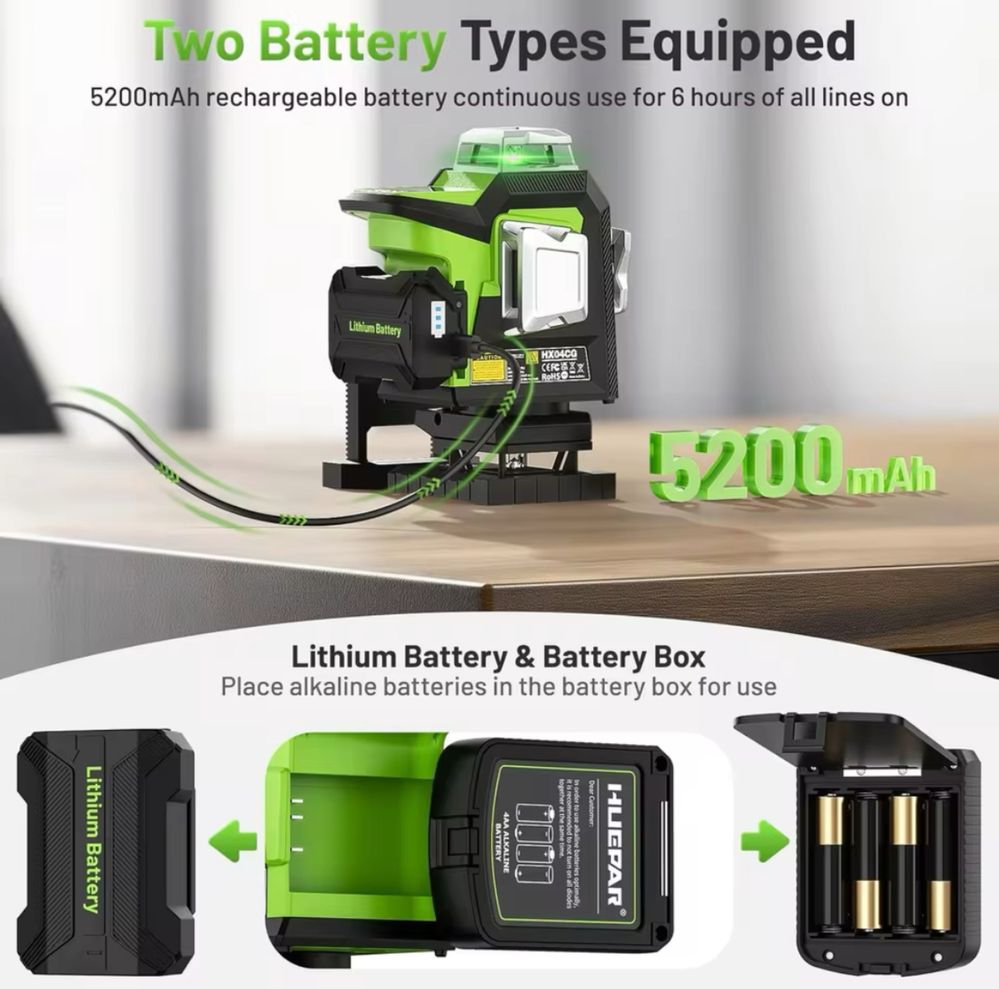 4 D лазерен нивелир Huepar ! 16 зелени линии ! Батерия 5200 mAh !