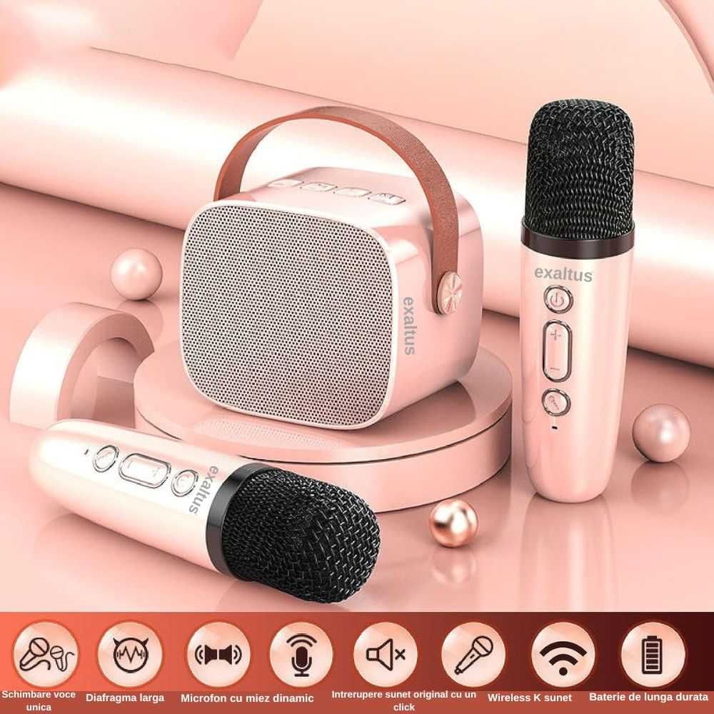 Set 2 microfoane karaoke, Difuzor portabil Bluetooth inclus