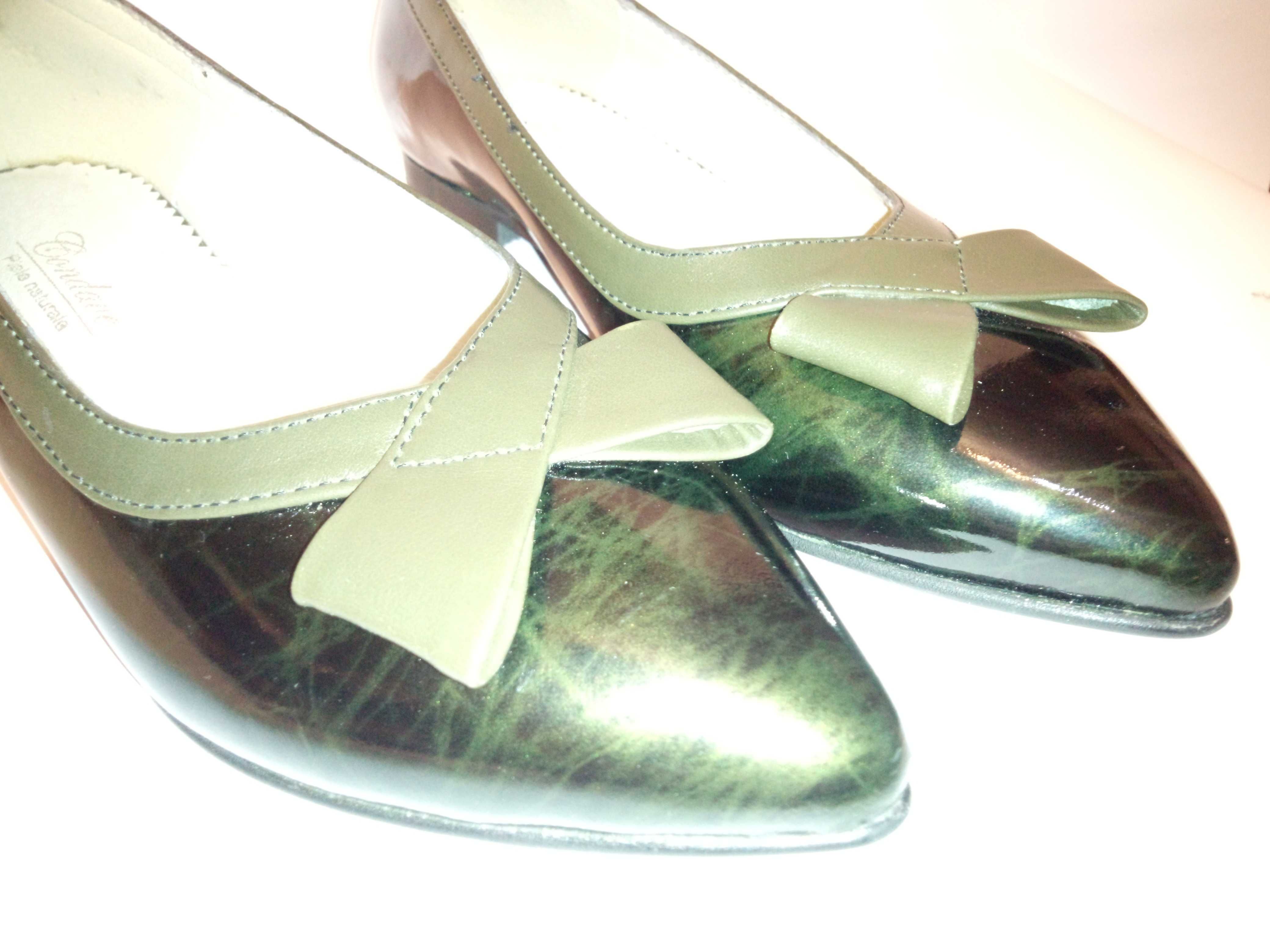 Pantofi balerini piele lac verde oliv , stil marmorat , Nr 37