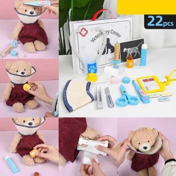 Trusa medic veterinar pentru copii din lemn cu 22 de accesorii