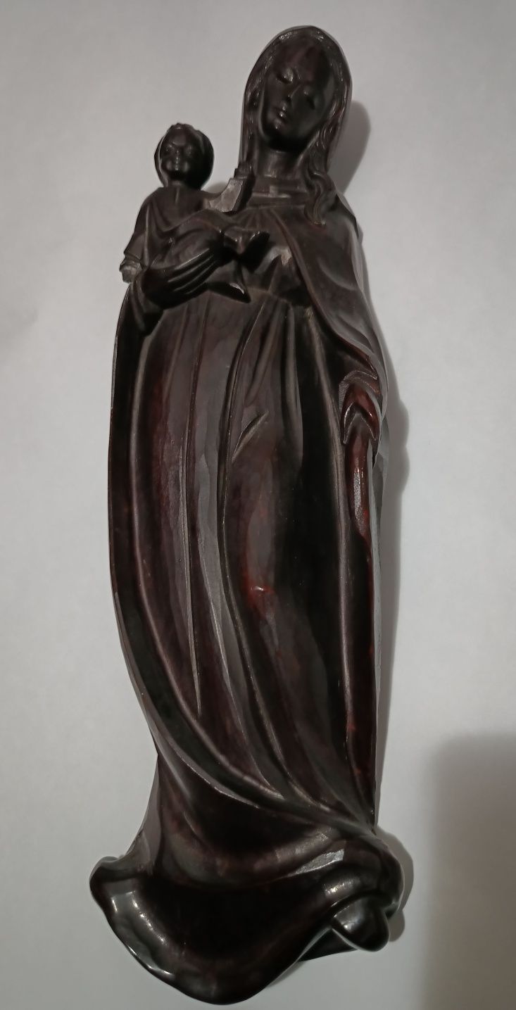 Statuetă veche Maica Domnului cu Pruncul sculptată în abanos.