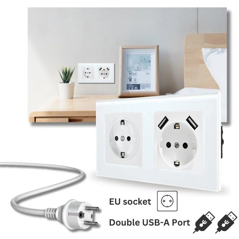 Priza dubla rama sticla securizata, 2 x USB-A, iUni US2, 16A