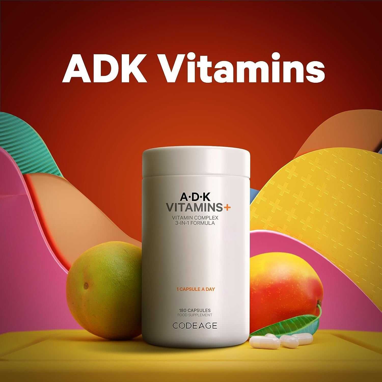 Codeage ADK добавка, Витамин А, D3, K2 - 180 капсули за 6 месеца