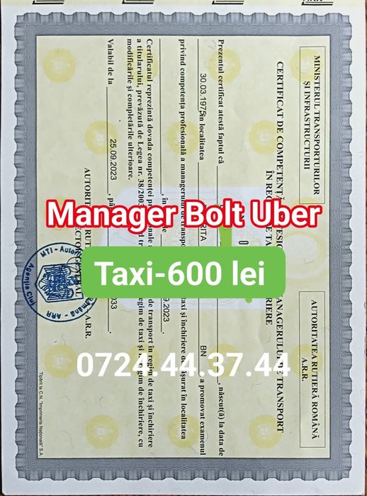 Certificat Taxi Bolt Uber Avize la zi