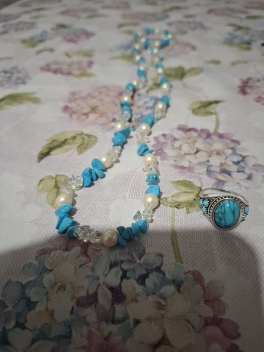 Set inel argint tibetan turcoise m 60 și colier 32 cm la dublu