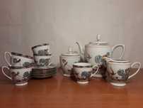 Set Ceai/Cafea Portelan Asiatic Pictat cu Crizanteme si pasari Phoenix