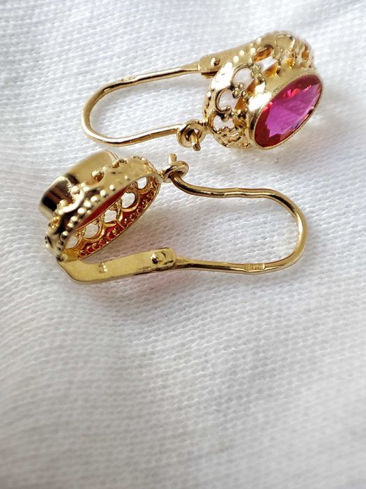 Cercei Aur 14K Cu Rubelit Ungaria Fleur De Lis +