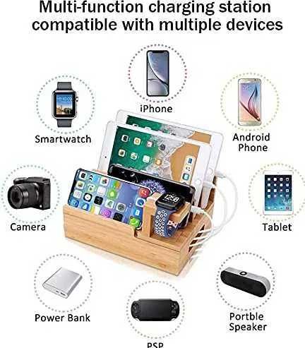 Statie Incarcare, telefoane / Tablete, Bambus 5 Porturi USB, Bambus