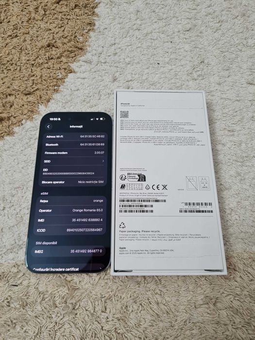 iPhone Air 256GB Sky Blue Garantie/Factura Septembrie 2027 Baterie100%