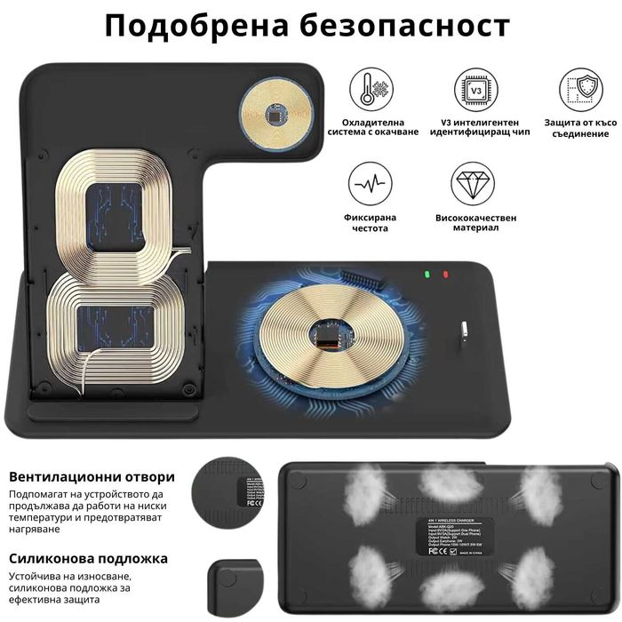 4в1 Безжично Зарядно | 2 Телефона, 1 Смарт-часовник, 1 Слушалки