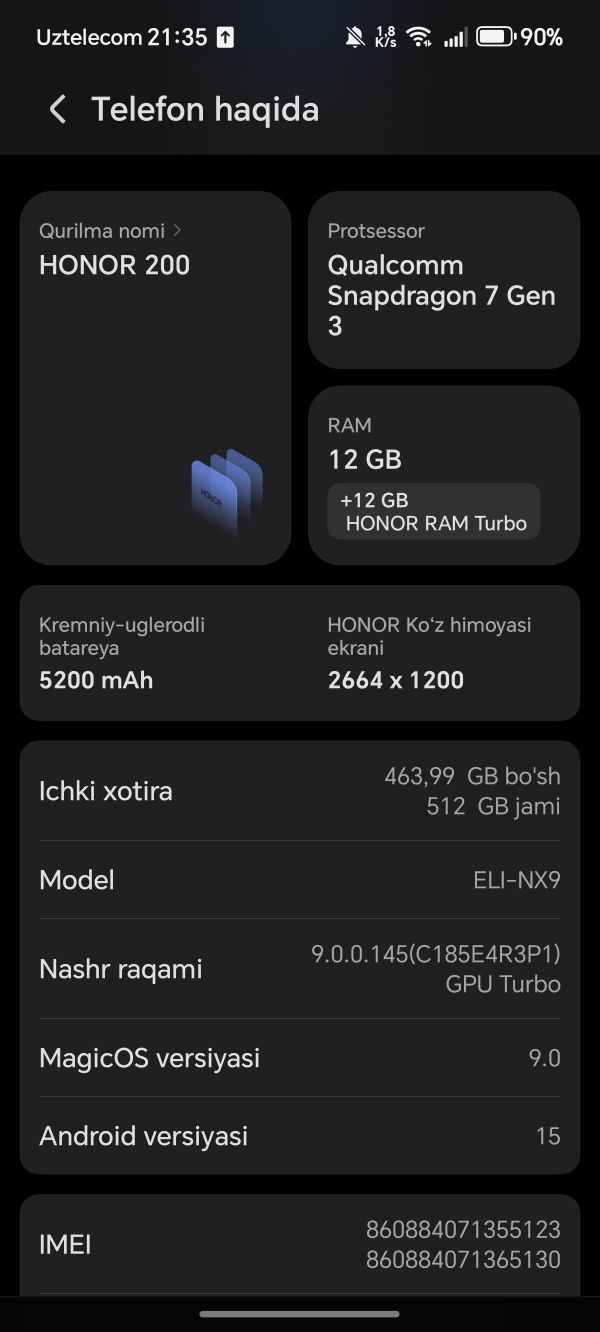 Honor 200 12+12 512 gbsotiladi ideal