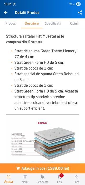 Saltea pat Bedora Fitt Musetel Memory Cocos, ortopedica, 160 x 200 cm