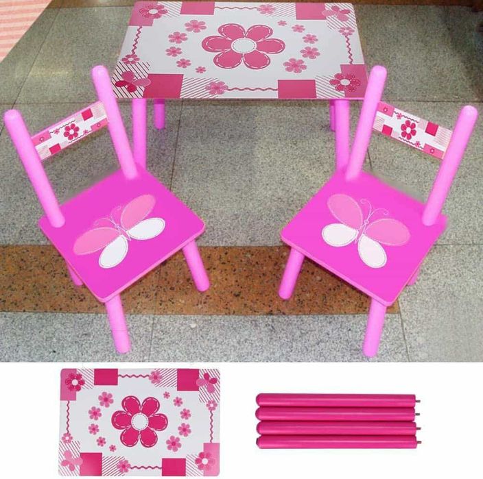 Set masuta cu doua scaune pentru copii, din MDF, roz cu alb, 59x39x40
