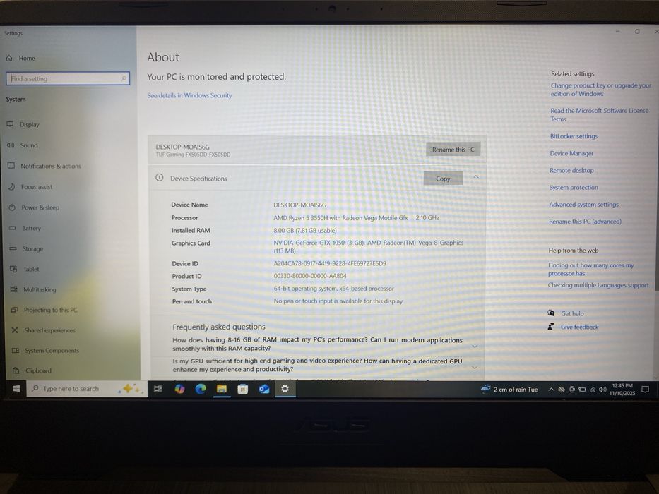 ASUS TUF AMD 5-3550H 8GB ram, 256GB SSD 1 TB HDD Nvidia 1050TI#42053