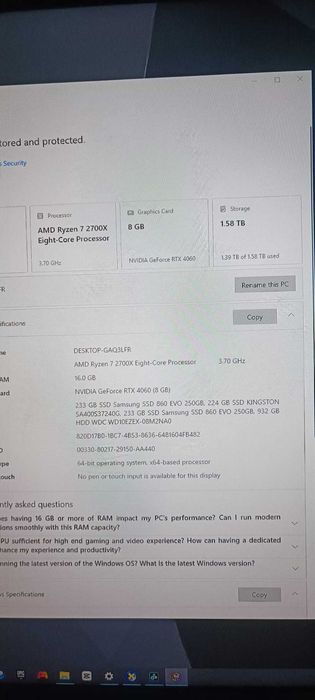 Desktop Gaming AMD Ryzen 7 2700x 8 nuclee Placa video 8 Gb