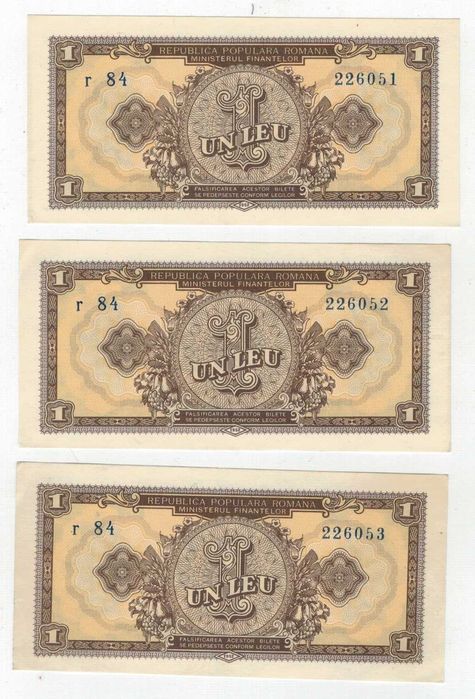 Lot 3 bancnote ,serii consecutive -1 leu 1952