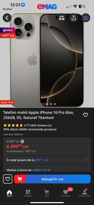 Apple iPhone 16 Pro Max, 256GB, 5G, Natural Titanium + Factura Orange