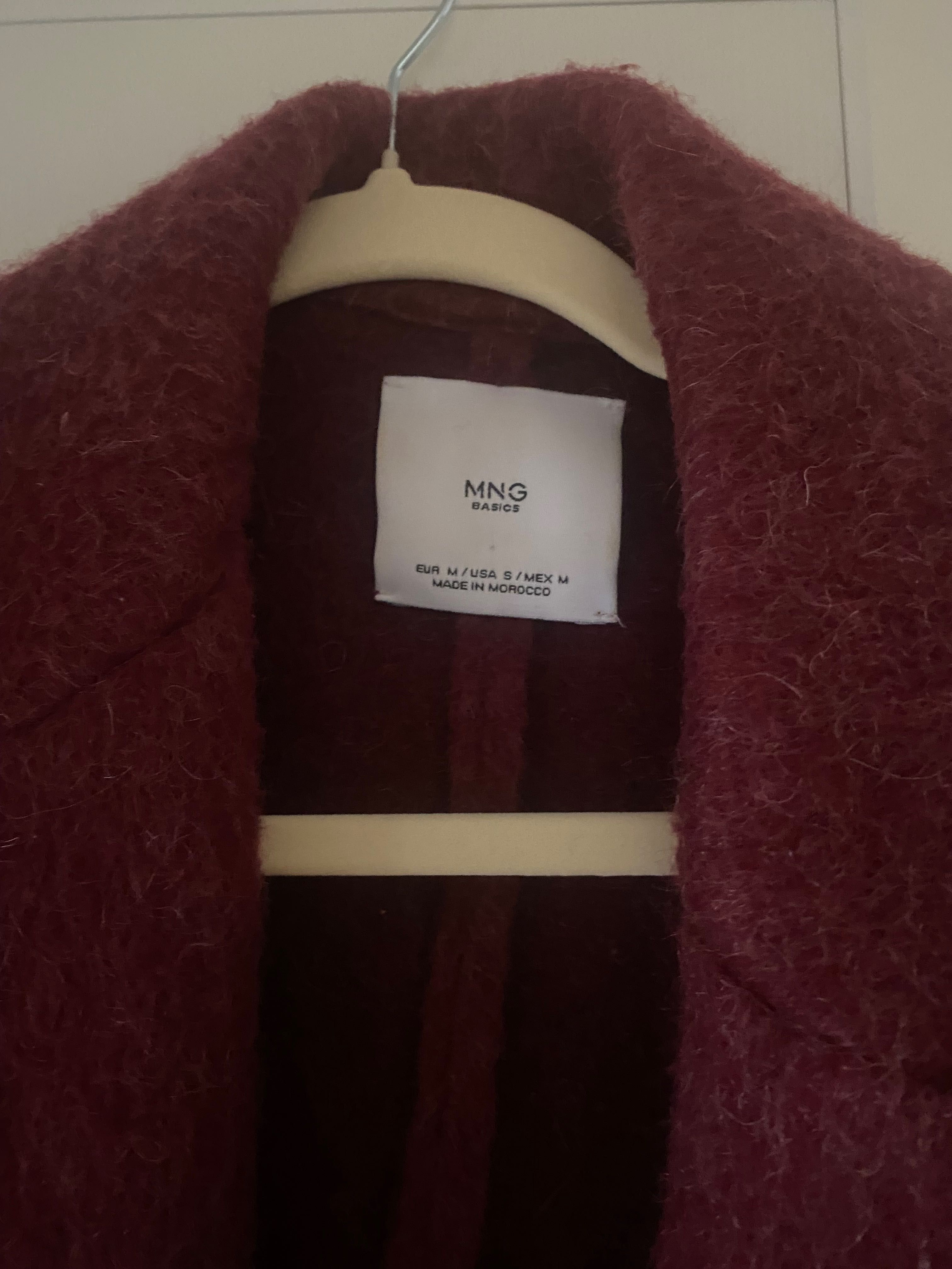 Палто Mango, мохер и вълна, бургунди цвят, размер М