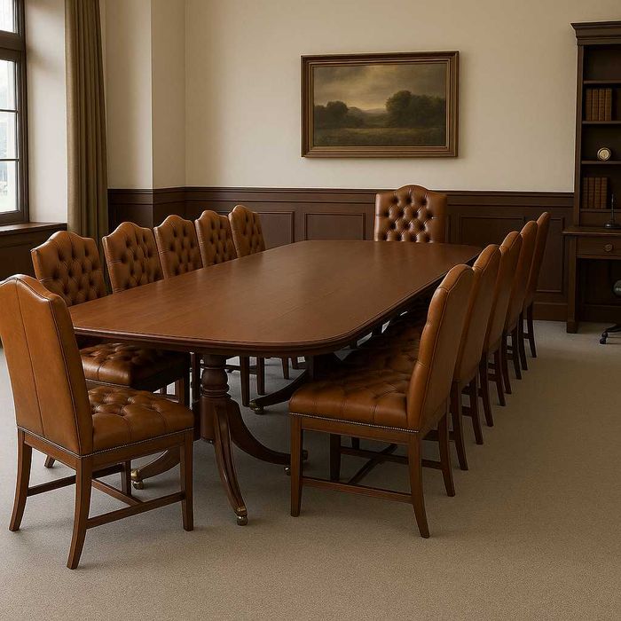 Оригинален луксозен комплект Chesterfield с маса от махагон и 12 стола