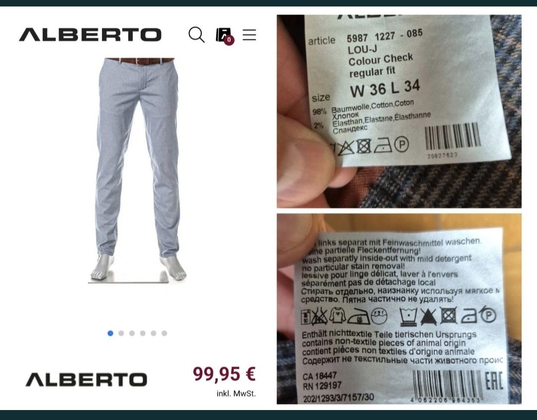 Pantaloni Bărbătești Alberto Lou-J Colour Check, Regular Fit - W36/L34