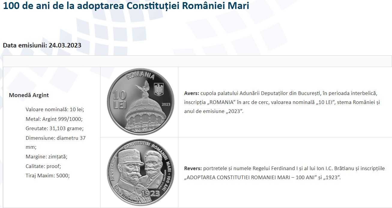 Moneda BNR 10 lei argint, Constitutia Romaniei Mari, gradata NGC PF 69