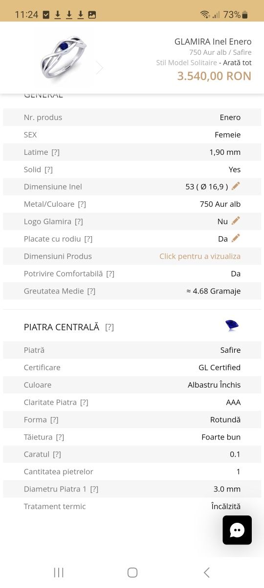 Inel Aur alb 18K cu safir albastru