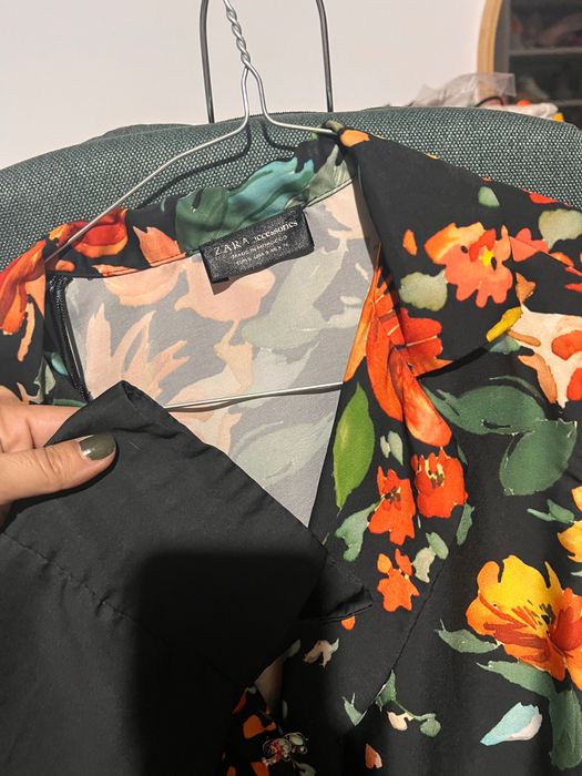 Body zara negru cu flori stil cămașă S