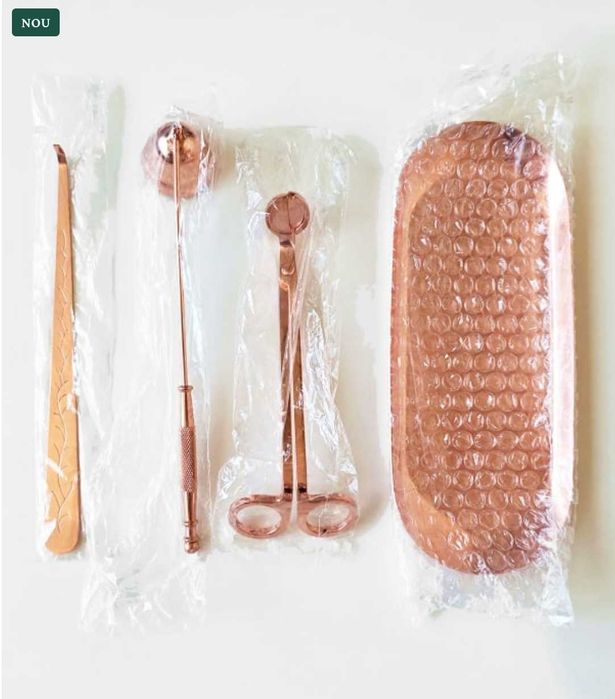 Set pentru lumânări/foarfeca,mucarnita,dipper,tava, inox rosegold,nou