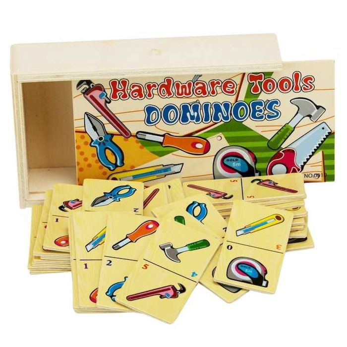 Дървено домино с цифри и Инструменти, Животни, Зеленчуци
