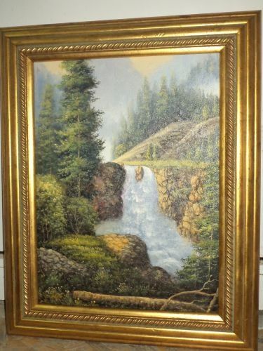 Ulei pe panza peisaj montan,cascada cu o rama din lemn foitata o lucra