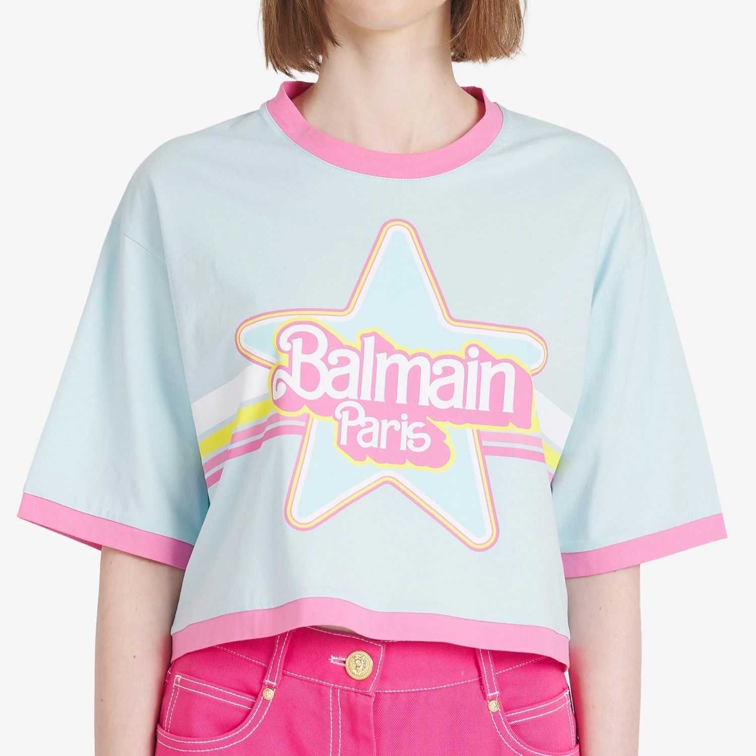 BALMAIN x Barbie Logo Print Cropped Oversized Дамска Тениска XS и M