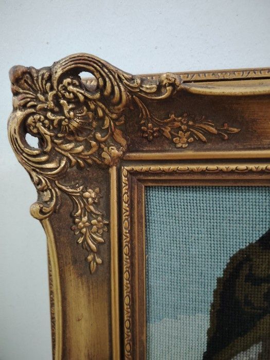 Superb goblen antic bătrânel cu pipa încadrat într-o ramă din lemn mas