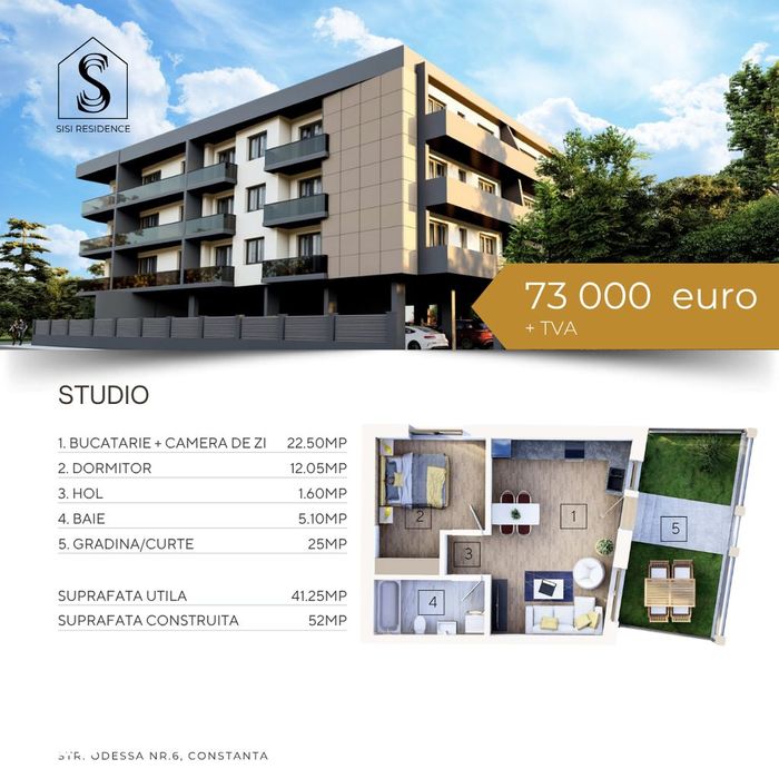 Studio la parter cu gradina, Bloc nou, Tomis nord , Sisi Residence