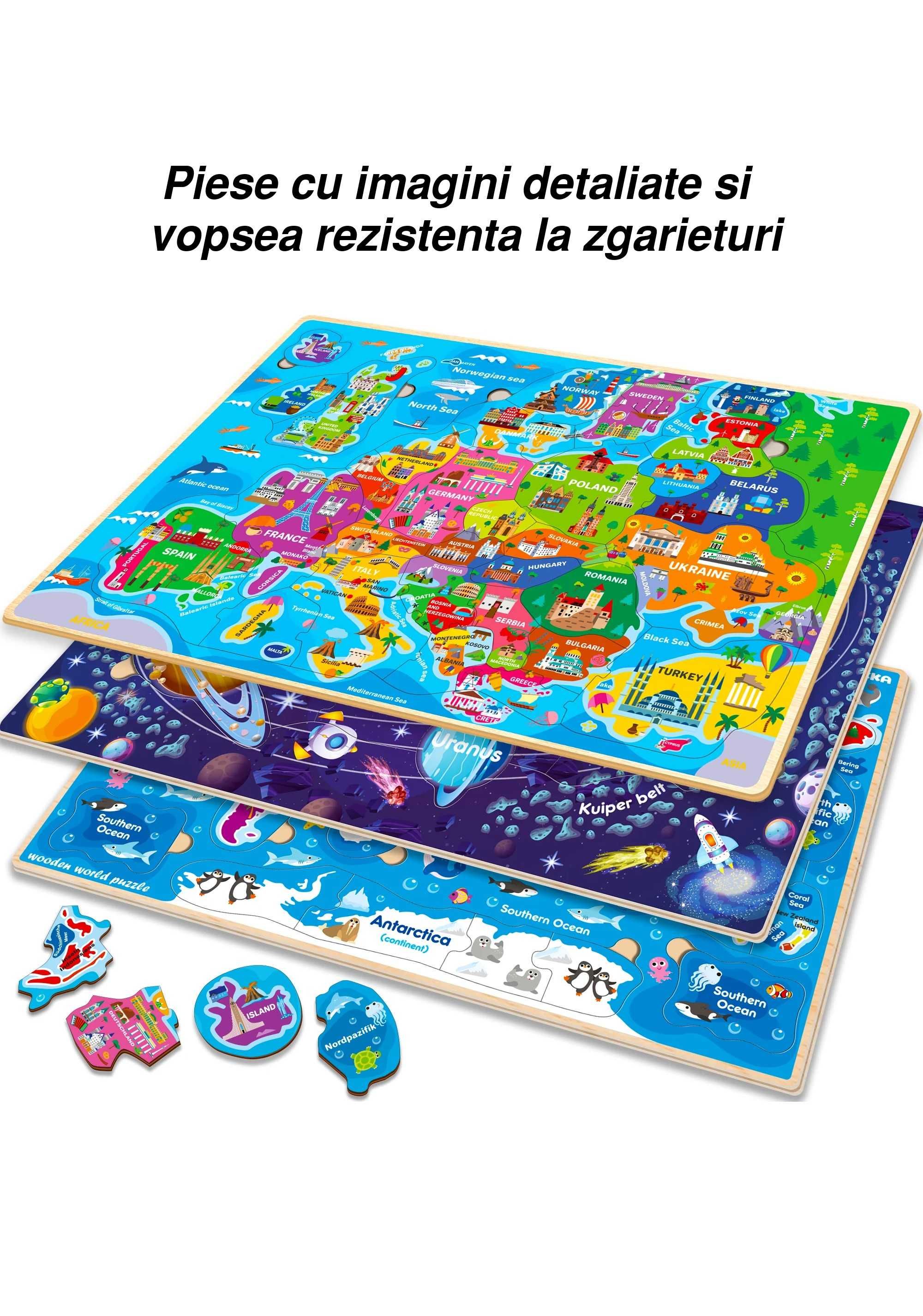 Set 3xPuzzle educativ lemn Harta Europei, Harta Lumii si Universul NOU