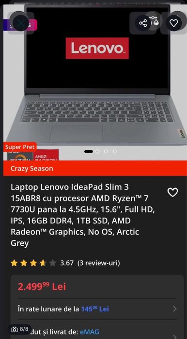 Laptop Lenovo IdeaPad Slim 3 15ABR8 AMD Ryzen 7 7730U 16GB 1Tb SSD Nou