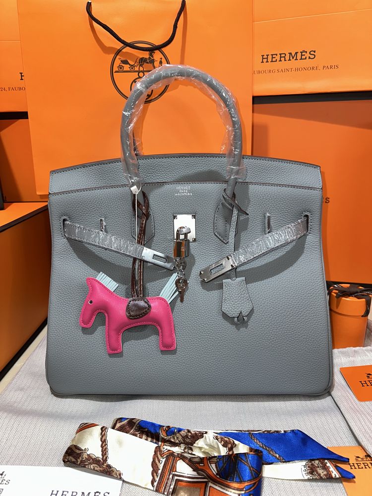 Geanta Hermes Birkin 35cm LightBlue/Accesorii Silver/Piele/Punga/Cutie