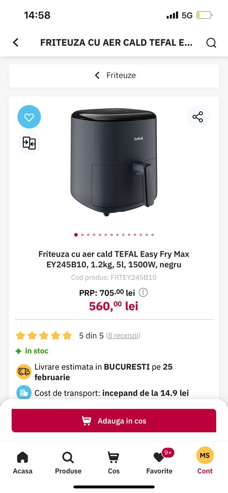 Friteuza cu aer cald Tefal Easy Fry Max EY245B10, 1,2 kg , 5 L, 1500 W