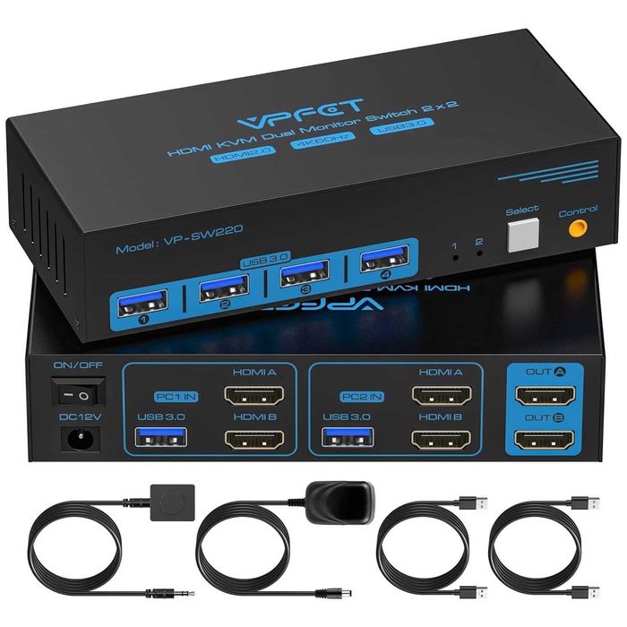 Comutator Switch KVM HDMI VPFET 2 monitoare,2 computere,4K60Hz,USB 3.0