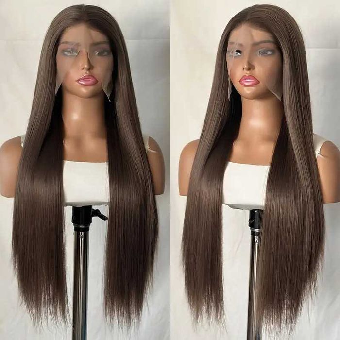 Дълга права тъмно кафява перука с дантела 13x4