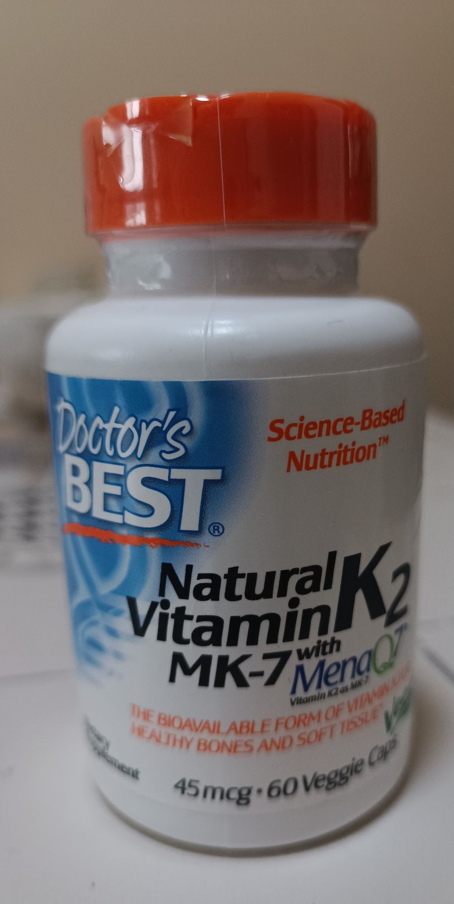 Doctor's Best, натуральный витамин K2 MK-7 с MenaQ7, 45 мкг,60 капсул