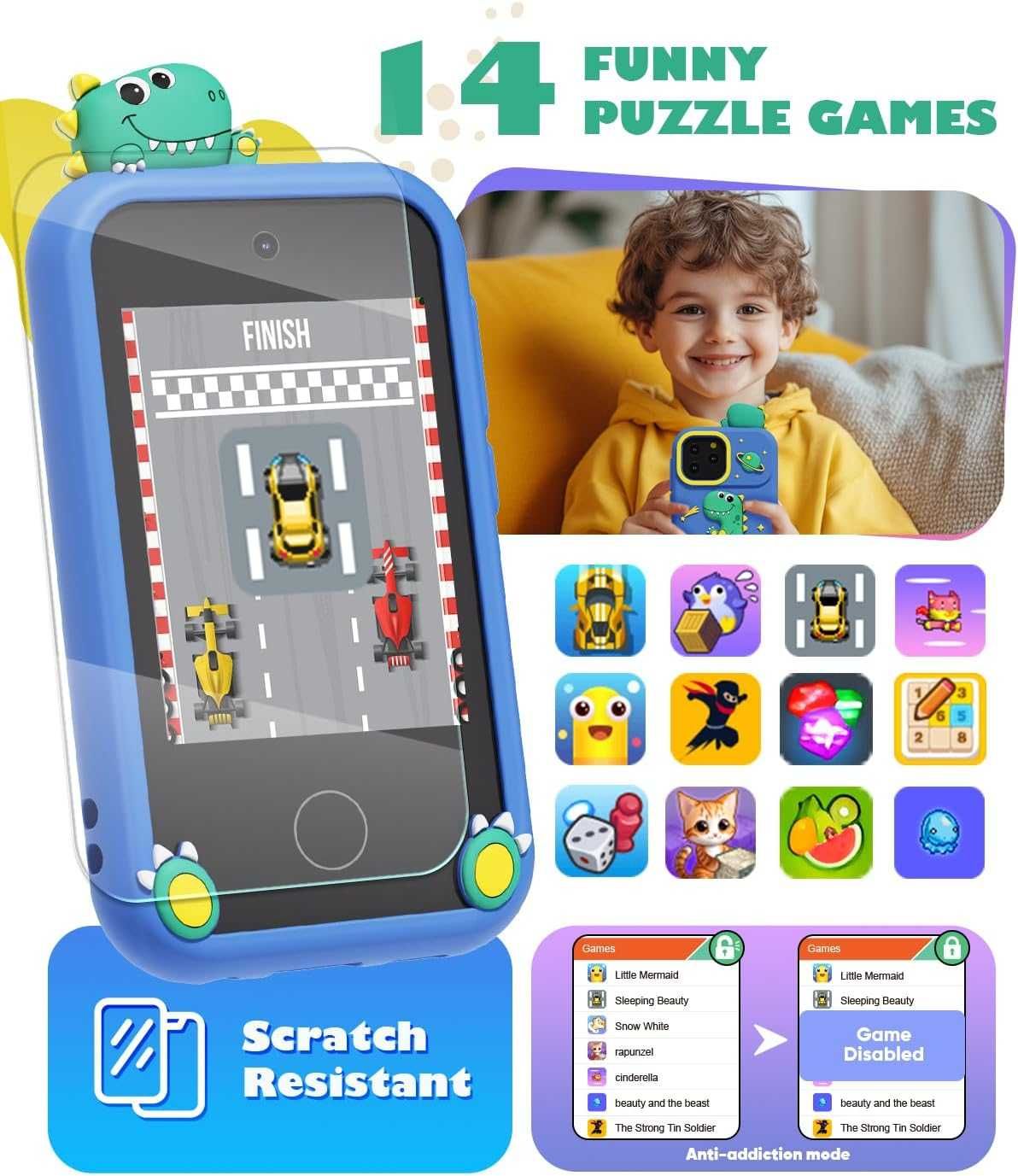 Детска играчка смарт телефон, 2,8" сензорен екран, двойна камера, игри