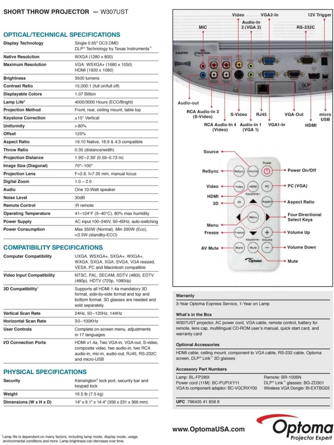 Proiector 3D Optoma W307UST - Nou