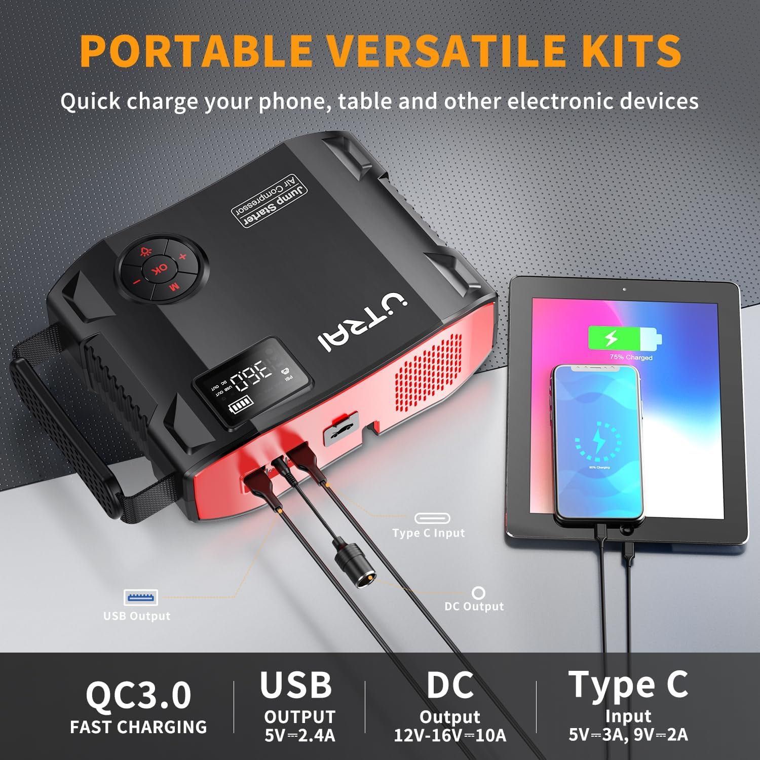 Стартер за кола, UTRAI Jstar 5, Power Bank 24000mah 2000A, 4 IN 1, 12V