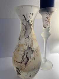 Vaza si sfesnic sticla fantezie handmade vintage impecabil 20/6cm