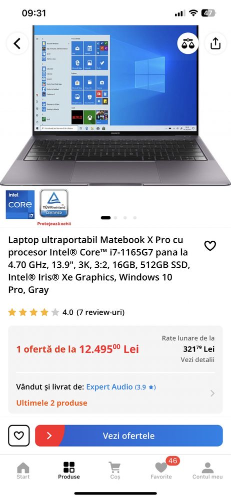 Laptop Huawei ultraportabil Matebook X Pro cu procesor Intel® Core™ i7